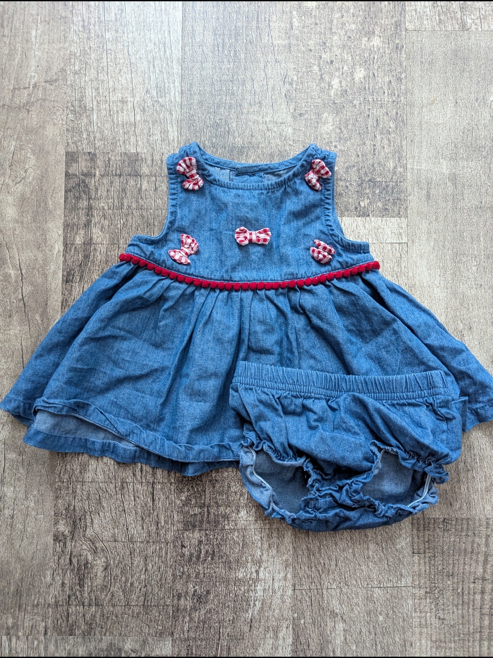 Crown & ivy Blue Denim Dress with Red Gingham Bows